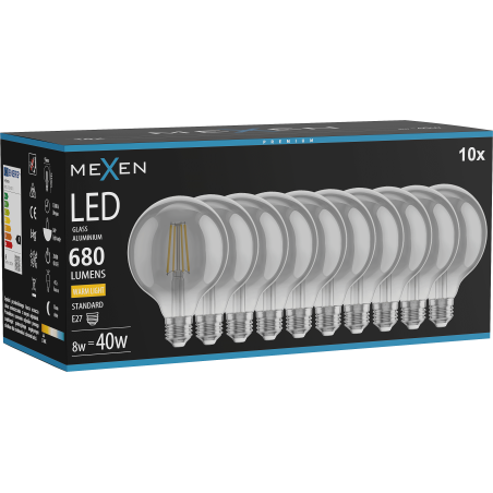 Mexen Vintis 10x žiarovka filament LED E27, G95, 8W, Teplá - 2700K, 680 lm, dymová - L157-E27-0827-70x10