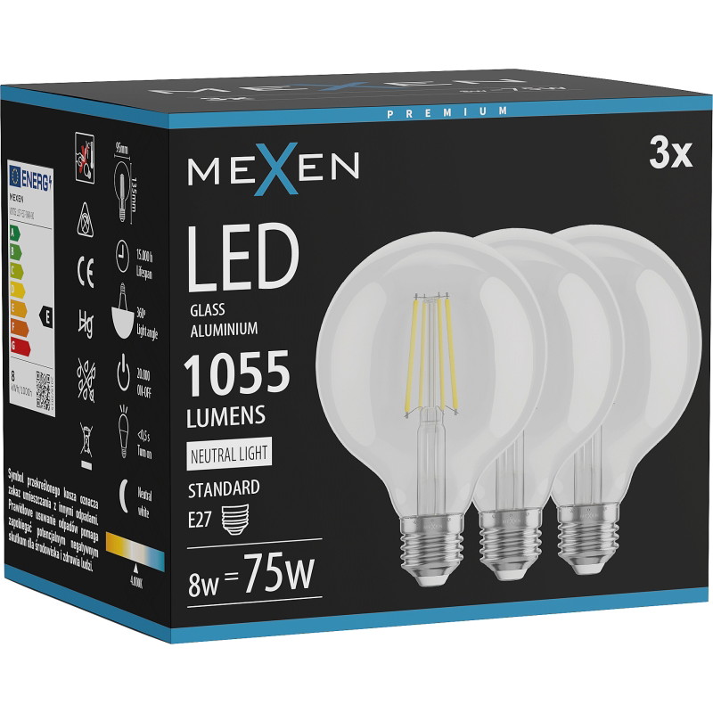 Mexen Vintis 3x LED filamentná žiarovka E27, G95, 8W, Neutrálna - 4000K, 1055 lm, číra - L157-E27-0840-00x03