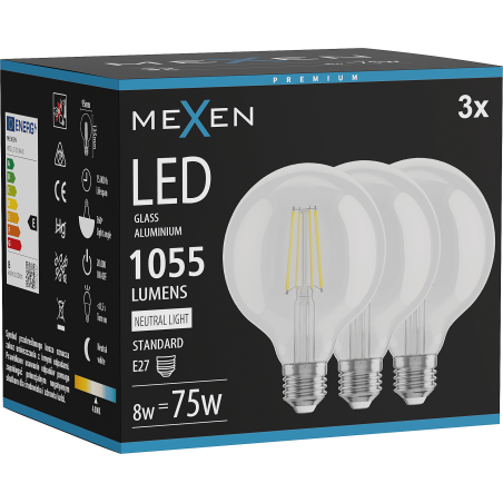 Mexen Vintis 3x LED filamentná žiarovka E27, G95, 8W, Neutrálna - 4000K, 1055 lm, číra - L157-E27-0840-00x03