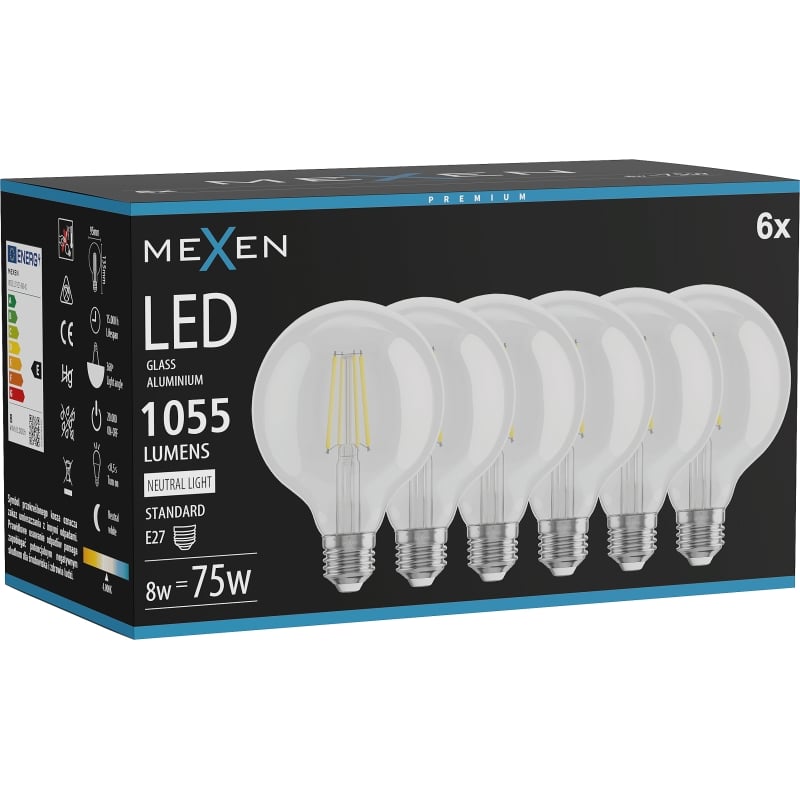 Mexen Vintis 6x LED žiarovka filament E27, G95, 8W, Neutrálna - 4000K, 1055 lm, číra - L157-E27-0840-00x06