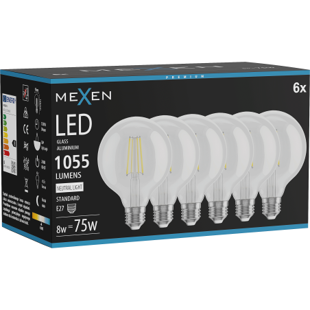 Mexen Vintis 6x LED žiarovka filament E27, G95, 8W, Neutrálna - 4000K, 1055 lm, číra - L157-E27-0840-00x06