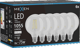 Mexen Vintis 6x LED žiarovka filament E27, G95, 8W, Neutrálna - 4000K, 1055 lm, číra - L157-E27-0840-00x06