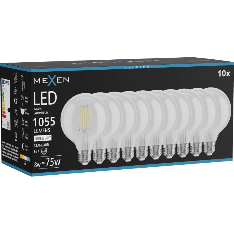 Mexen Vintis 10x LED žiarovka filament E27, G95, 8W, Neutrálna - 4000K, 1055 lm, clear - L157-E27-0840-00x10