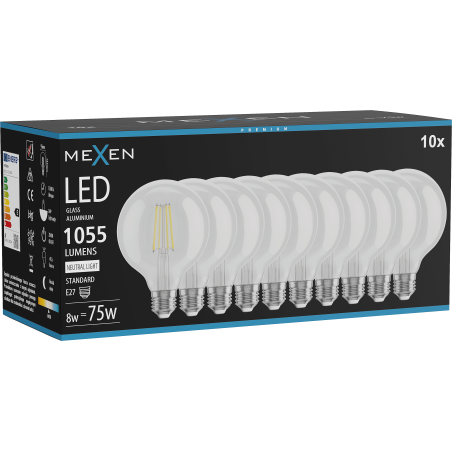 Mexen Vintis 10x LED žiarovka filament E27, G95, 8W, Neutrálna - 4000K, 1055 lm, clear - L157-E27-0840-00x10