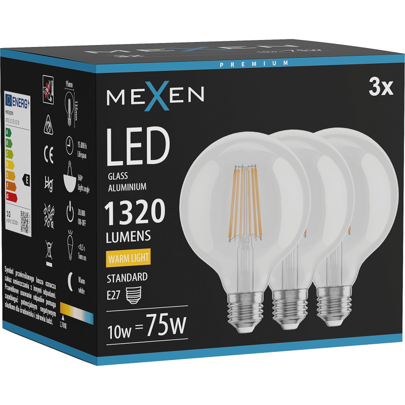 Mexen Vintis 3x LED filamentová žiarovka E27, G95, 10W, Teplá - 2700K, 1320 lm, číra - L157-E27-1027-00x03