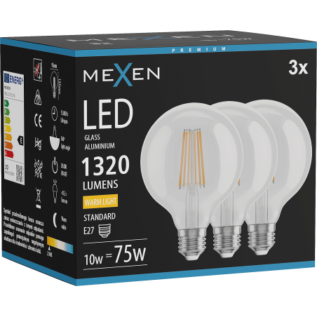 Mexen Vintis 3x LED filamentová žiarovka E27, G95, 10W, Teplá - 2700K, 1320 lm, číra - L157-E27-1027-00x03