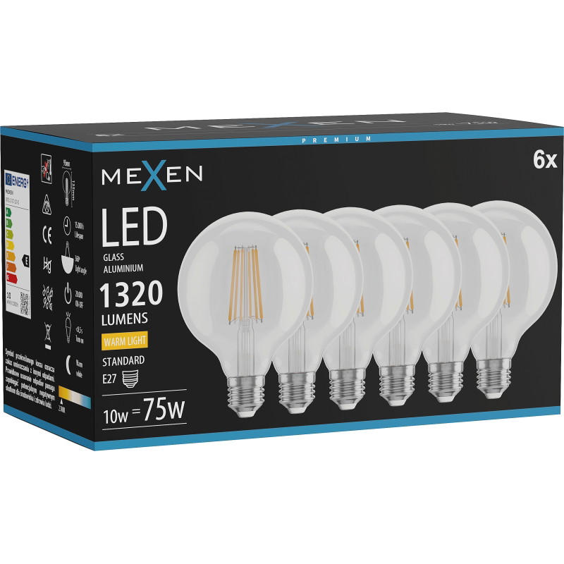 Mexen Vintis 6x LED žiarovka filament E27, G95, 10W, Teplá - 2700K, 1320 lm, číra - L157-E27-1027-00x06
