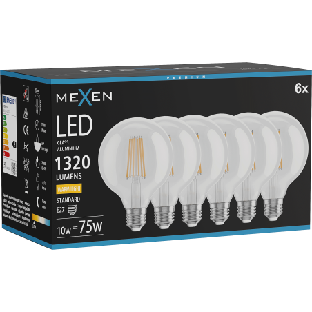 Mexen Vintis 6x LED žiarovka filament E27, G95, 10W, Teplá - 2700K, 1320 lm, číra - L157-E27-1027-00x06