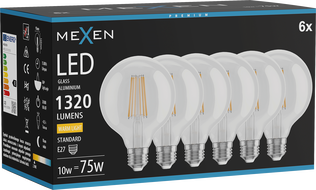 Mexen Vintis 6x LED žiarovka filament E27, G95, 10W, Teplá - 2700K, 1320 lm, číra - L157-E27-1027-00x06