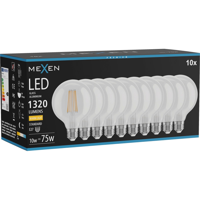 Mexen Vintis 10x Žiarovka filament LED E27, G95, 10W, Teplá - 2700K, 1320 lm, číra - L157-E27-1027-00x10