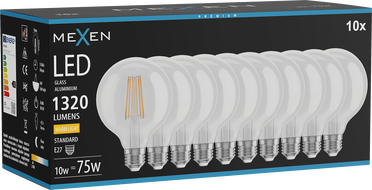 Mexen Vintis 10x Žiarovka filament LED E27, G95, 10W, Teplá - 2700K, 1320 lm, číra - L157-E27-1027-00x10