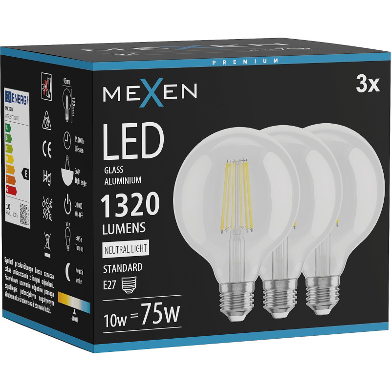 Mexen Vintis 3x LED žiarovka filament E27, G95, 10W, Neutrálna - 4000K, 1320 lm, číra - L157-E27-1040-00x03