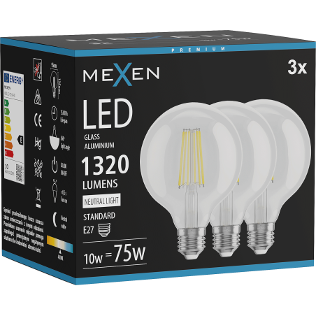 Mexen Vintis 3x LED žiarovka filament E27, G95, 10W, Neutrálna - 4000K, 1320 lm, číra - L157-E27-1040-00x03