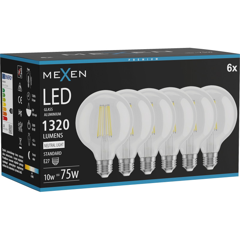 Mexen Vintis 6x LED filamentová žiarovka E27, G95, 10W, Neutrálna - 4000K, 1320 lm, číra - L157-E27-1040-00x06