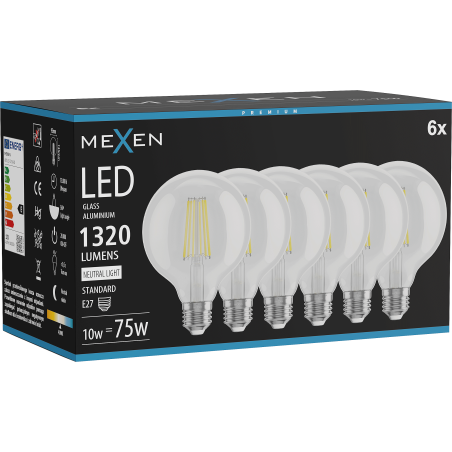 Mexen Vintis 6x LED filamentová žiarovka E27, G95, 10W, Neutrálna - 4000K, 1320 lm, číra - L157-E27-1040-00x06