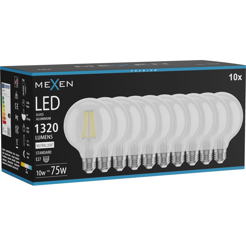 Mexen Vintis 10x žiarovka filament LED E27, G95, 10W, Neutrálna - 4000K, 1320 lm, číra - L157-E27-1040-00x10