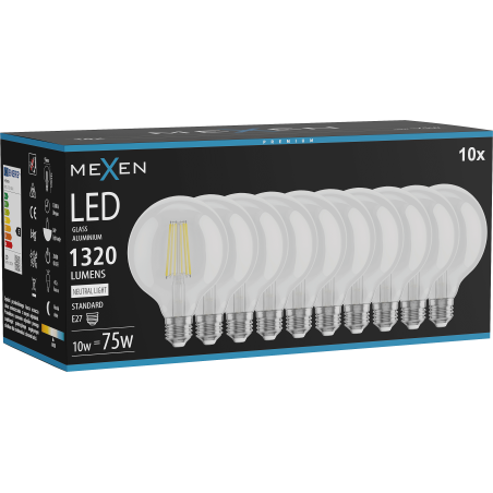 Mexen Vintis 10x žiarovka filament LED E27, G95, 10W, Neutrálna - 4000K, 1320 lm, číra - L157-E27-1040-00x10