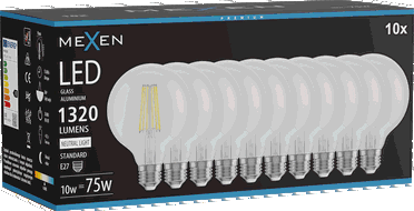 Mexen Vintis 10x žiarovka filament LED E27, G95, 10W, Neutrálna - 4000K, 1320 lm, číra - L157-E27-1040-00x10