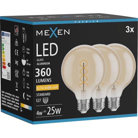 Mexen Vintis 3x Žiarovka filament špirála LED E27, G95, 4W, Teplá - 2200K, 360 lm, jantárová - L167-E27-0422-50x03