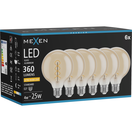 Mexen Vintis 6x Žiarovka filament špirála LED E27, G95, 4W, Teplá - 2200K, 360 lm, jantárová - L167-E27-0422-50x06