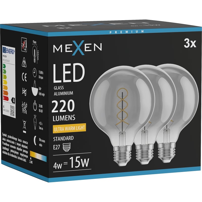 Mexen Vintis 3x Žiarovka filament špirála LED E27, G95, 4W, Teplá - 2200K, 220 lm, dymová - L167-E27-0422-70x03
