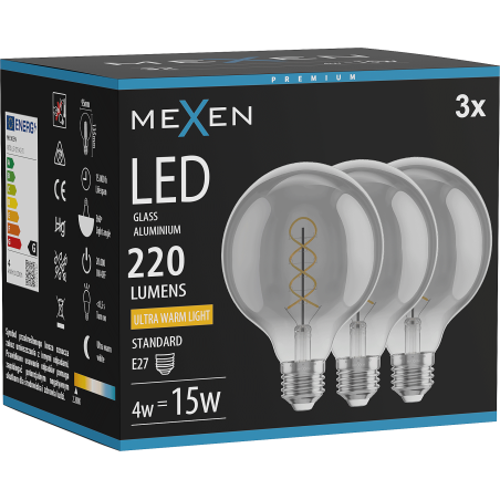 Mexen Vintis 3x Žiarovka filament špirála LED E27, G95, 4W, Teplá - 2200K, 220 lm, dymová - L167-E27-0422-70x03