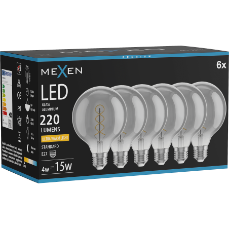 Mexen Vintis 6x Žiarovka filament špirála LED E27, G95, 4W, Teplá - 2200K, 220 lm, dymová - L167-E27-0422-70x06