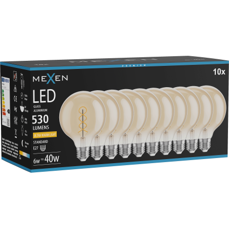 Mexen Vintis 10x žiarovka filament špirála LED E27, G95, 6W, Teplá - 2200K, 530 lm, jantárová - L167-E27-0622-50x10