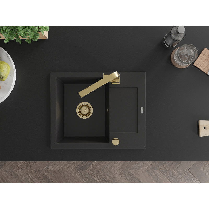 Mexen Enzo granitový drez s 1 komorou a odkvapkávačom a kuchynskou batériou Rita, čierny - 6506-77-670300-50