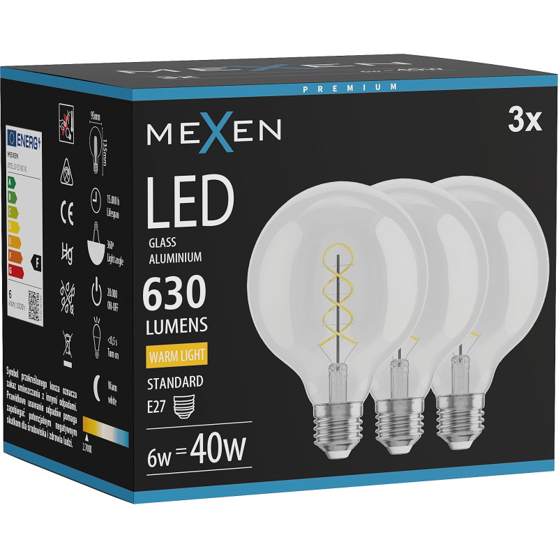 Mexen Vintis 3x Žiarovka filament špirála LED E27, G95, 6W, Teplá - 2700K, 630 lm, číra - L167-E27-0627-00x03