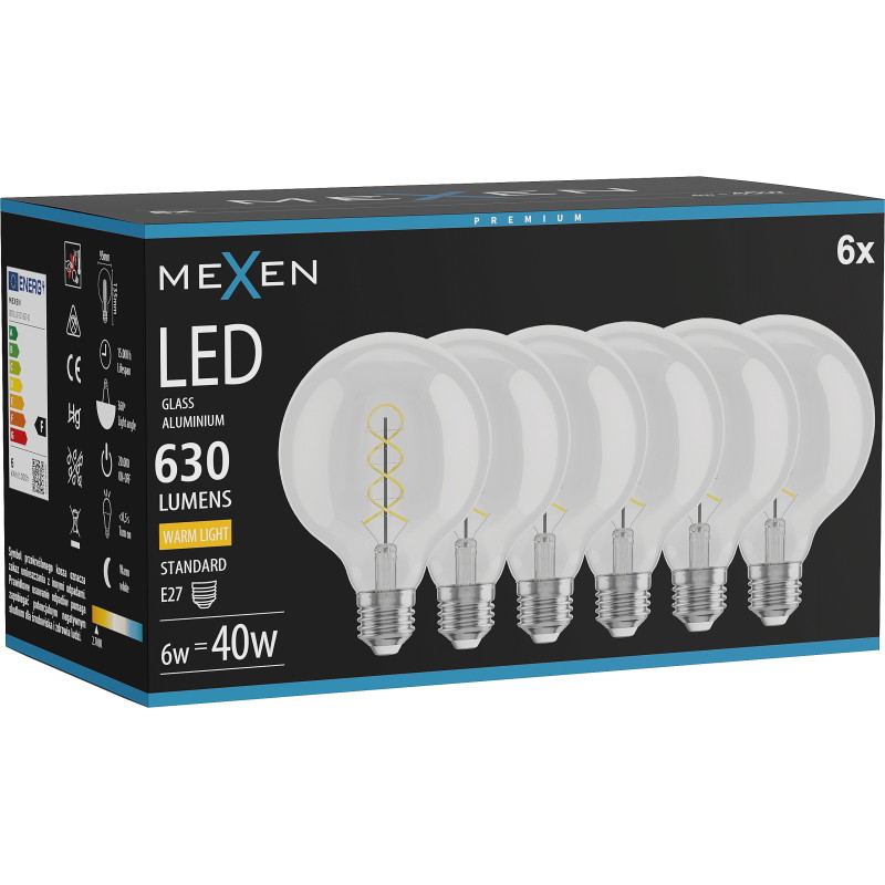 Mexen Vintis 6x Žiarovka filament špirála LED E27, G95, 6W, Teplá - 2700K, 630 lm, číra - L167-E27-0627-00x06