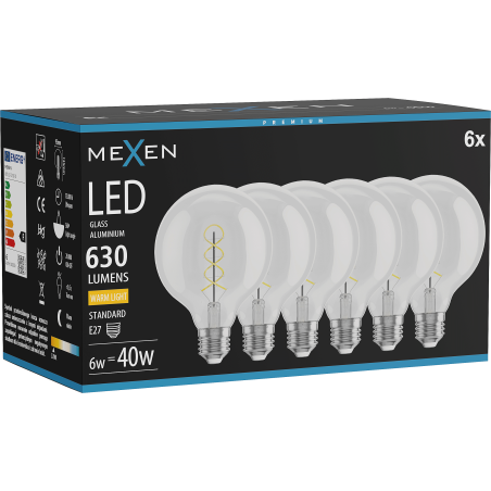 Mexen Vintis 6x Žiarovka filament špirála LED E27, G95, 6W, Teplá - 2700K, 630 lm, číra - L167-E27-0627-00x06
