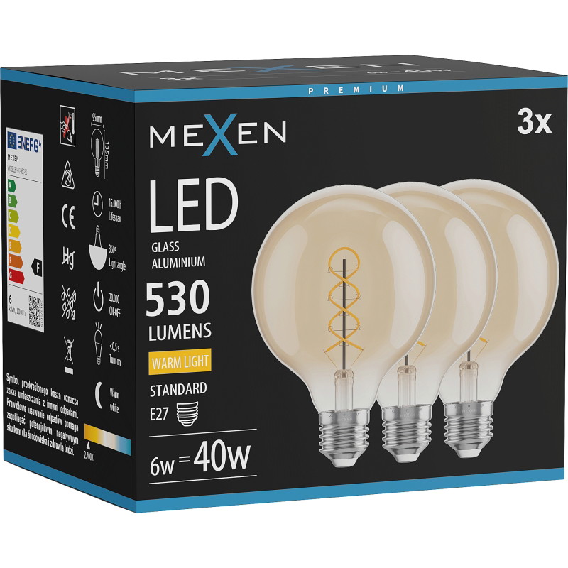 Mexen Vintis 3x Žiarovka filament špirála LED E27, G95, 6W, Teplá - 2700K, 530 lm, amber - L167-E27-0627-50x03