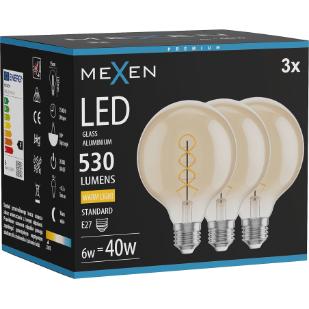 Mexen Vintis 3x Žiarovka filament špirála LED E27, G95, 6W, Teplá - 2700K, 530 lm, amber - L167-E27-0627-50x03