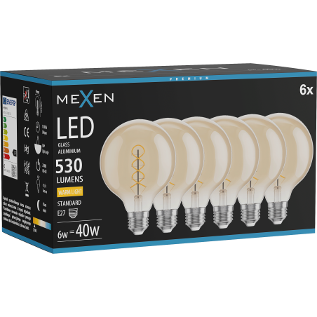 Mexen Vintis 6x LED žiarovka špirála vlákna E27, G95, 6W, Teplá - 2700K, 530 lm, jantárová - L167-E27-0627-50x06