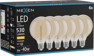Mexen Vintis 6x LED žiarovka špirála vlákna E27, G95, 6W, Teplá - 2700K, 530 lm, jantárová - L167-E27-0627-50x06