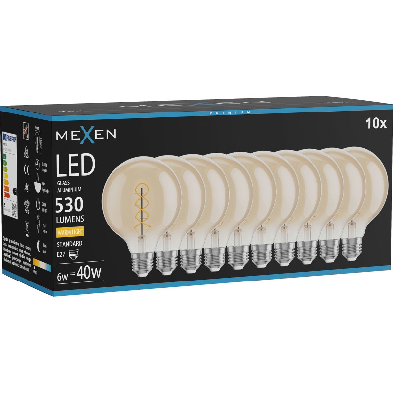 Mexen Vintis 10x žiarovka filament špirála LED E27, G95, 6W, Teplá - 2700K, 530 lm, jantárová - L167-E27-0627-50x10