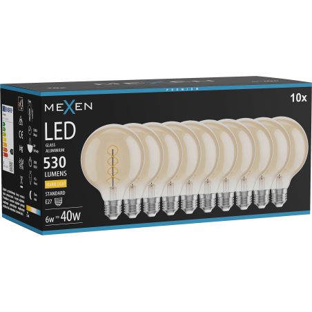 Mexen Vintis 10x žiarovka filament špirála LED E27, G95, 6W, Teplá - 2700K, 530 lm, jantárová - L167-E27-0627-50x10