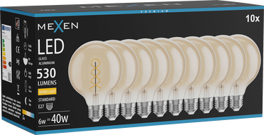 Mexen Vintis 10x žiarovka filament špirála LED E27, G95, 6W, Teplá - 2700K, 530 lm, jantárová - L167-E27-0627-50x10