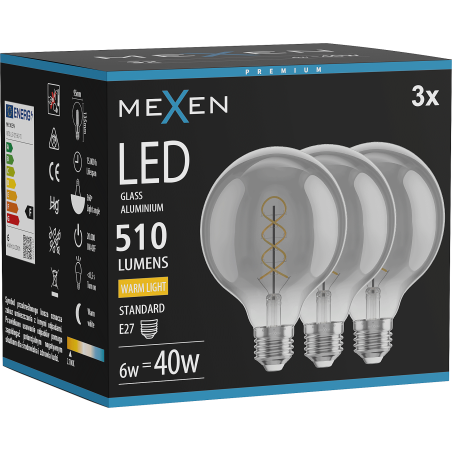 Mexen Vintis 3x žiarovka filament špirála LED E27, G95, 6W, Teplá - 2700K, 510 lm, smoke - L167-E27-0627-70x03