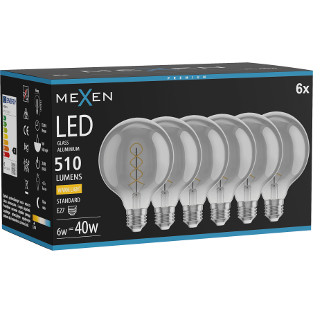 Mexen Vintis 6x žiarovka filament špirála LED E27, G95, 6W, Teplá - 2700K, 510 lm, dymová - L167-E27-0627-70x06