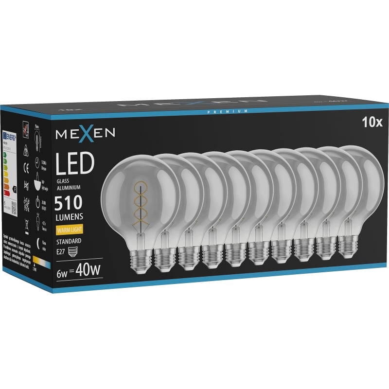 Mexen Vintis 10x žiarovka filament špirála LED E27, G95, 6W, Teplá - 2700K, 510 lm, smoke - L167-E27-0627-70x10