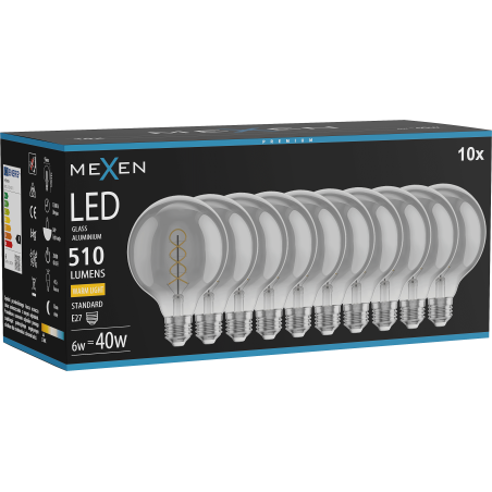 Mexen Vintis 10x žiarovka filament špirála LED E27, G95, 6W, Teplá - 2700K, 510 lm, smoke - L167-E27-0627-70x10