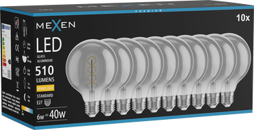 Mexen Vintis 10x žiarovka filament špirála LED E27, G95, 6W, Teplá - 2700K, 510 lm, smoke - L167-E27-0627-70x10