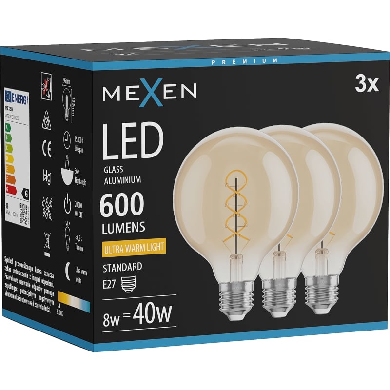 Mexen Vintis 3x LED filament žiarovka špirála E27, G95, 8W, Teplá - 2200K, 600 lm, amber - L167-E27-0822-50x03