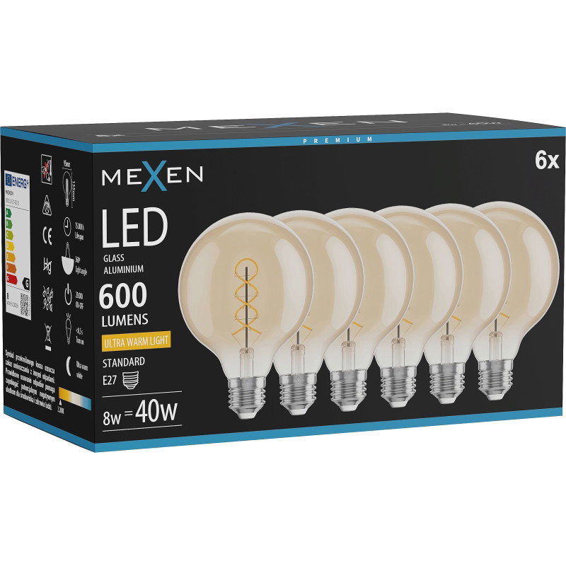 Mexen Vintis 6x Žiarovka filament špirála LED E27, G95, 8W, Teplá - 2200K, 600 lm, jantárová - L167-E27-0822-50x06