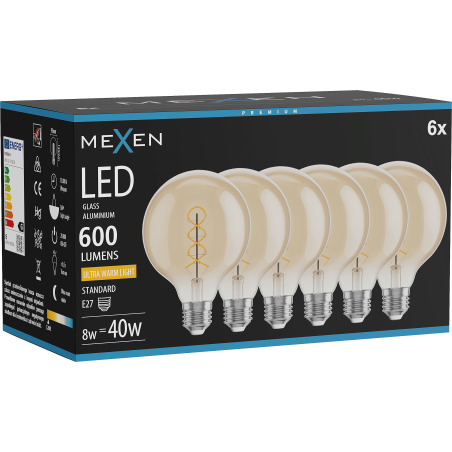 Mexen Vintis 6x Žiarovka filament špirála LED E27, G95, 8W, Teplá - 2200K, 600 lm, jantárová - L167-E27-0822-50x06