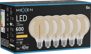 Mexen Vintis 6x Žiarovka filament špirála LED E27, G95, 8W, Teplá - 2200K, 600 lm, jantárová - L167-E27-0822-50x06