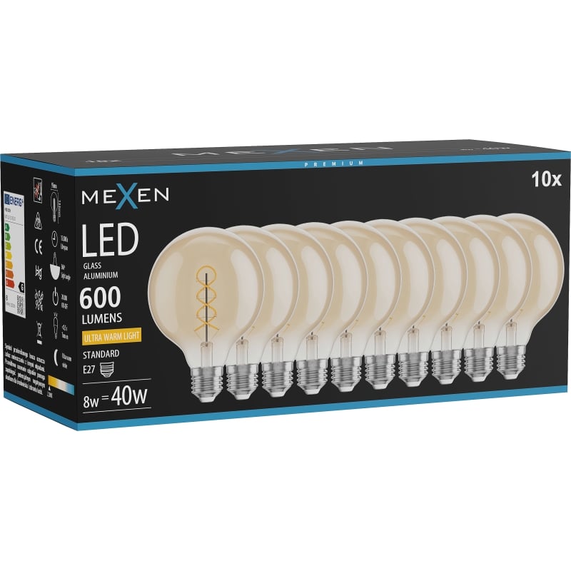 Mexen Vintis 10x žiarovka filament špirála LED E27, G95, 8W, Teplá - 2200K, 600 lm, jantárová - L167-E27-0822-50x10