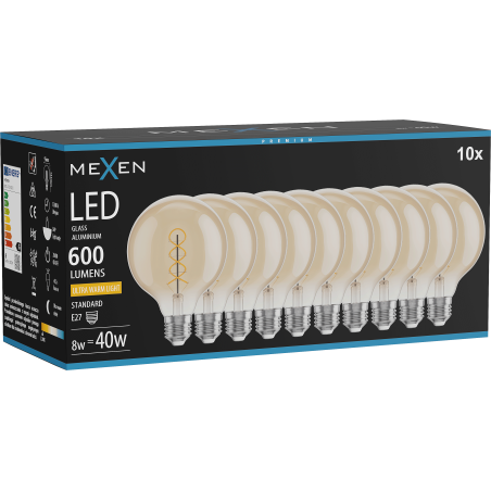 Mexen Vintis 10x žiarovka filament špirála LED E27, G95, 8W, Teplá - 2200K, 600 lm, jantárová - L167-E27-0822-50x10